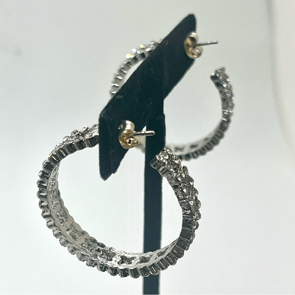 Silver Tone Rhinestone Hoop Earrings - Picture 3 of 8